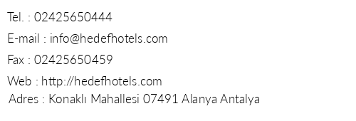 Hedef Resort Hotel & Spa telefon numaralar, faks, e-mail, posta adresi ve iletiim bilgileri